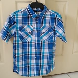 Boy's short sleeve blue, black, white plaid shirt, like new